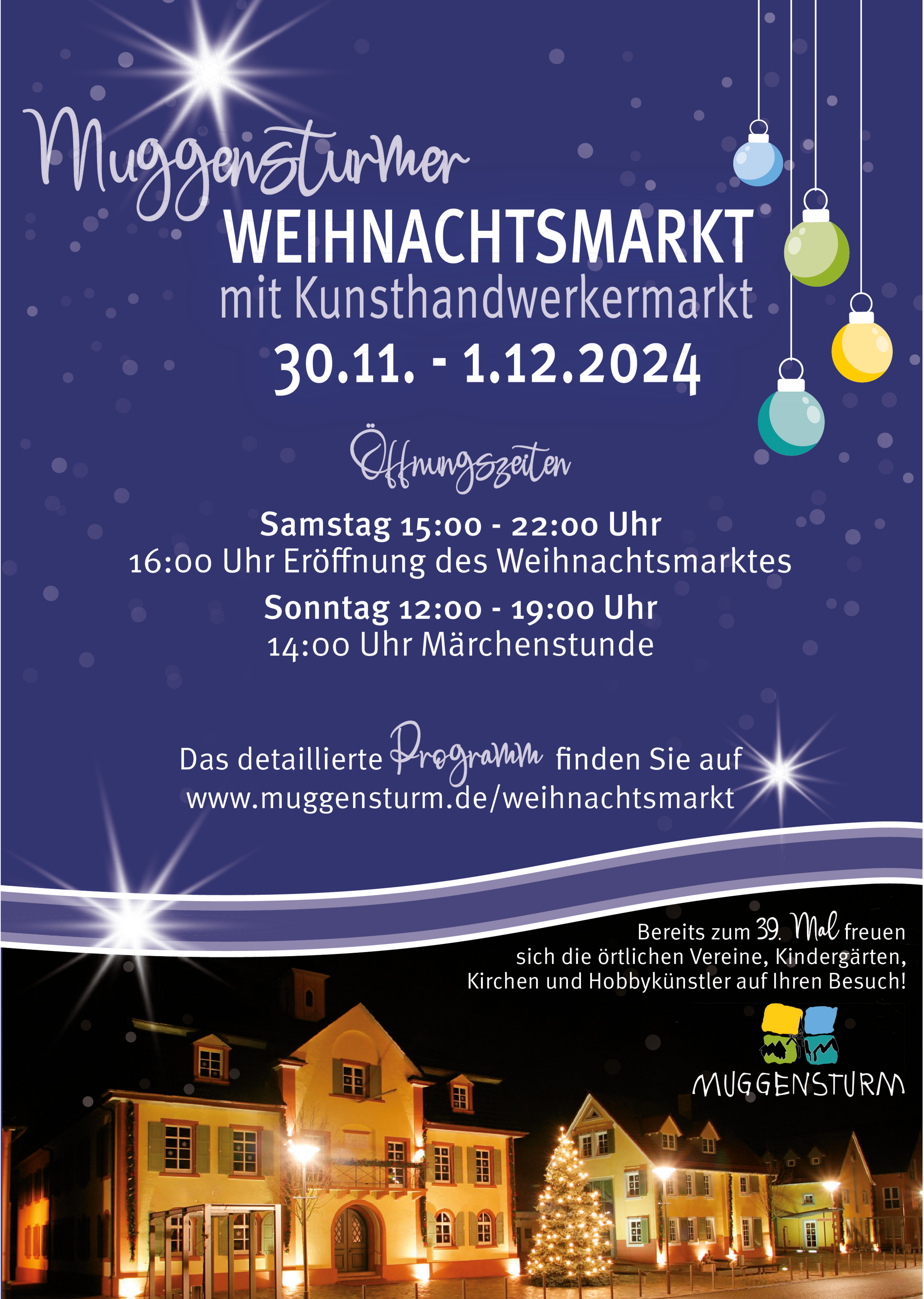 Plakat mit Foto von weihnachtlich geschmücktem Rathaus zum 39. Weihnachtsmarkt vom 30.11.-1.12.2024